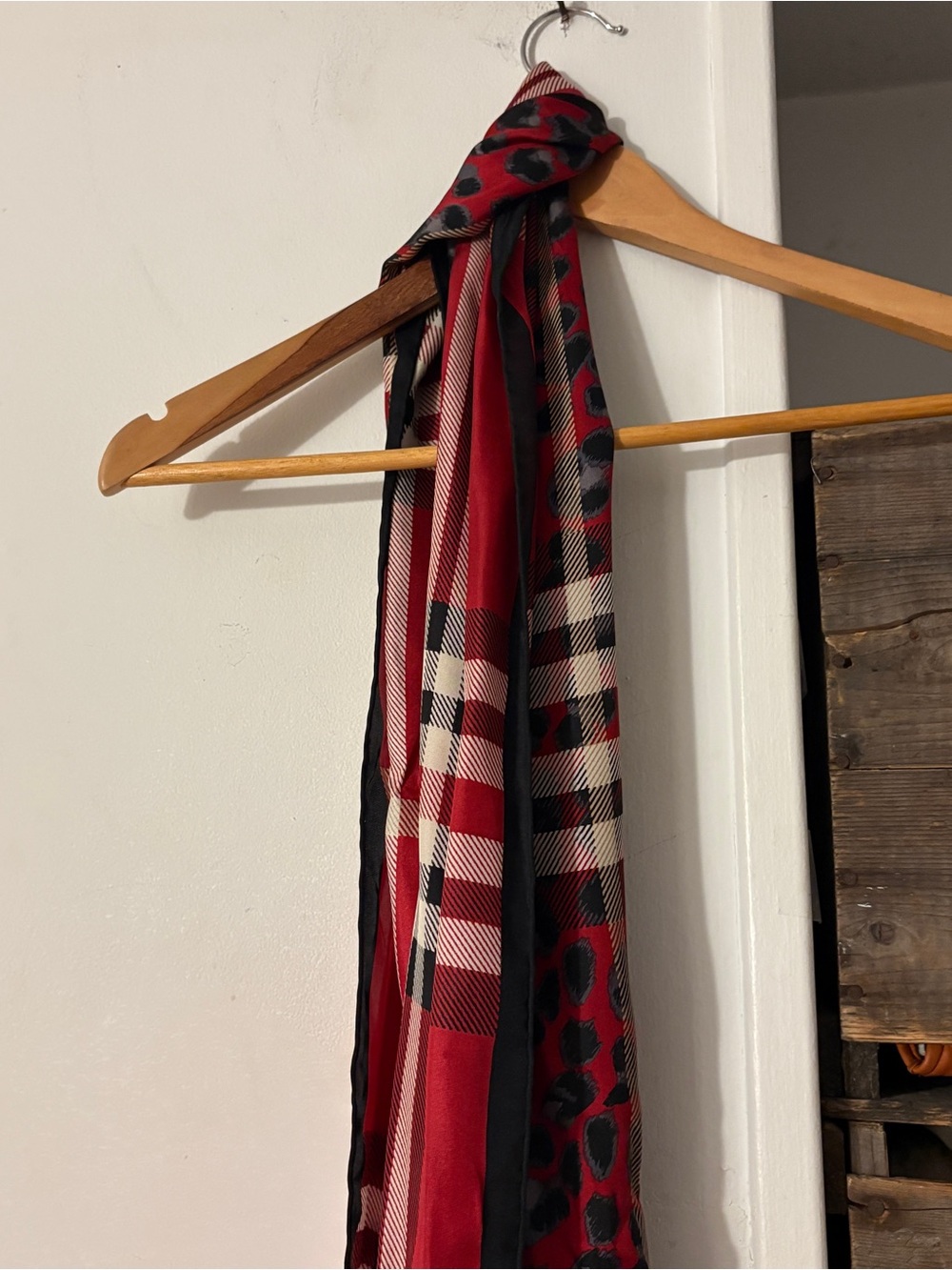 Lord and Taylor 100% Silk Red Plaid & Leopard Print Long Rectangle Scarf - Picture 5 of 5